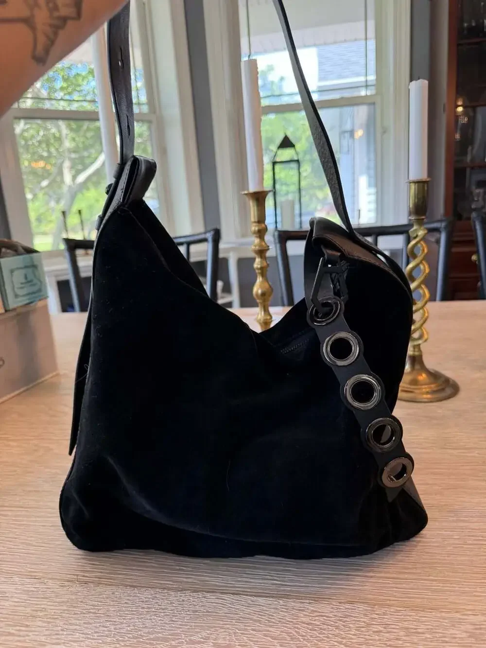 Kendall + Kylie Molly Black Suede Leather Shoulder Hobo Bag with Grommet Detail